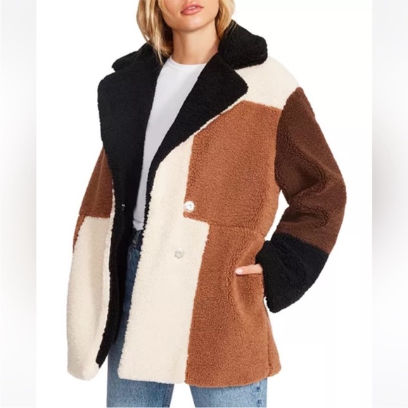 Steve Madden Colorblock Teddy Jacket in Black, Brown, and Cream - Picture 1 of 8